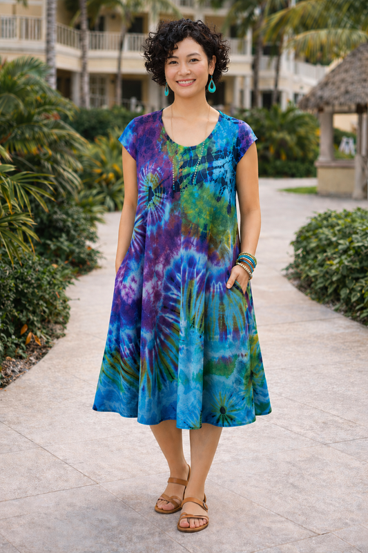 Tie-Dye Dress Cap Sleeves Turquoise