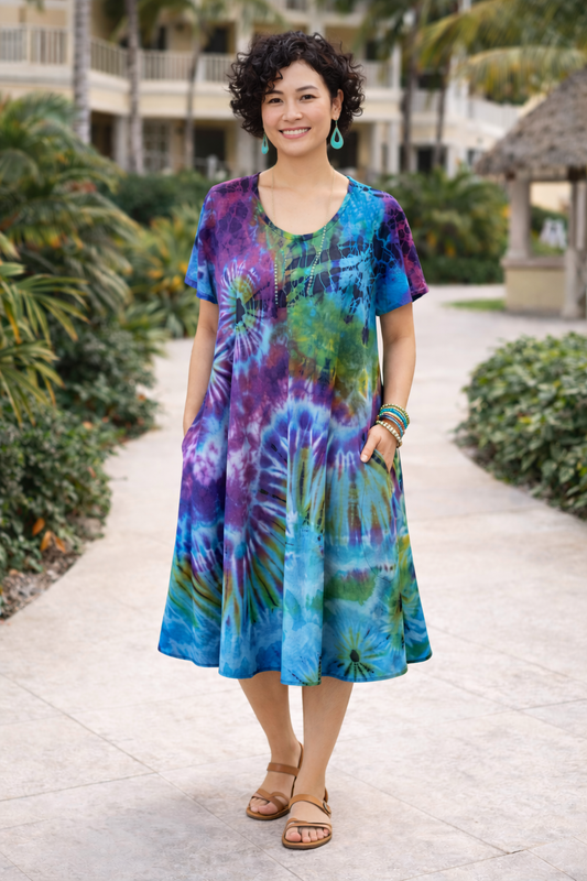 Tie-Dye Dress Cap Sleeves Turquoise