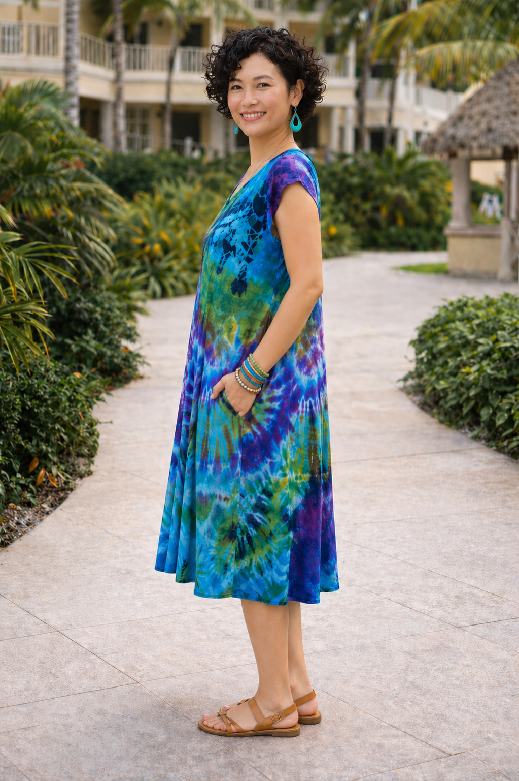 Tie-Dye Dress Cap Sleeves Turquoise