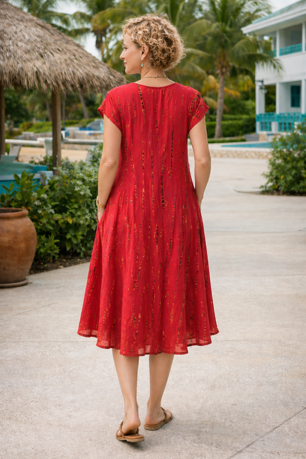 Tie-Dye Dress Cap Sleeves Shibori Red