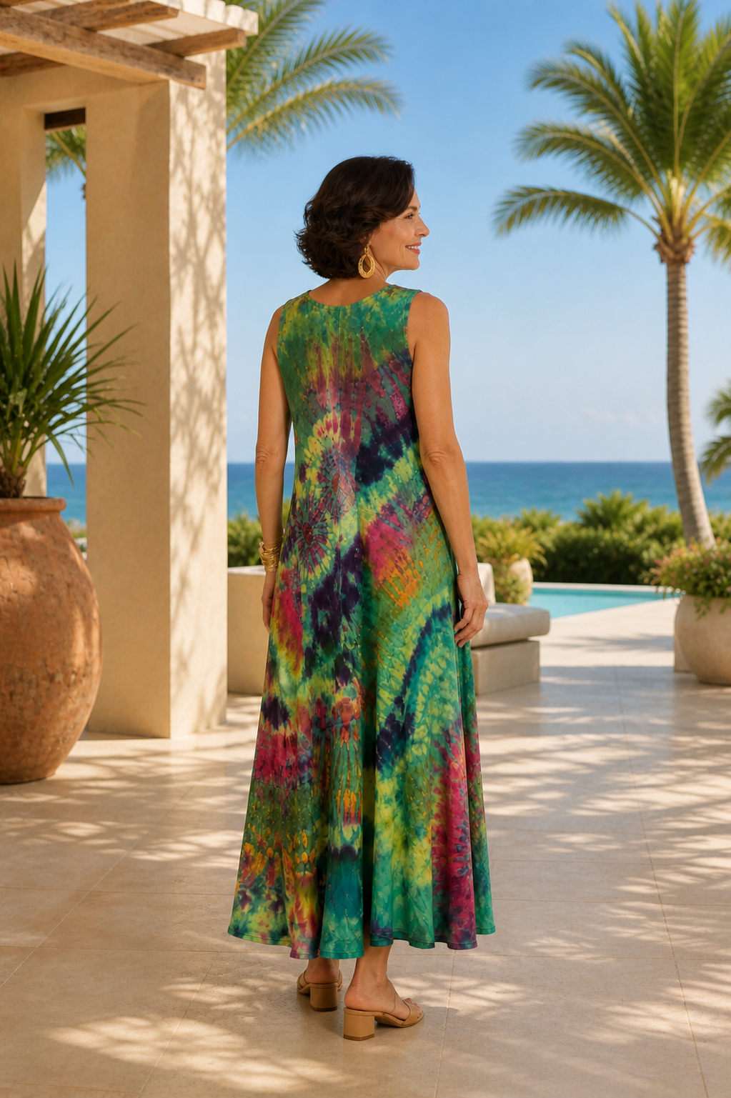 Tie Dye Sleeveless Long Dress w/Pockets - Lime