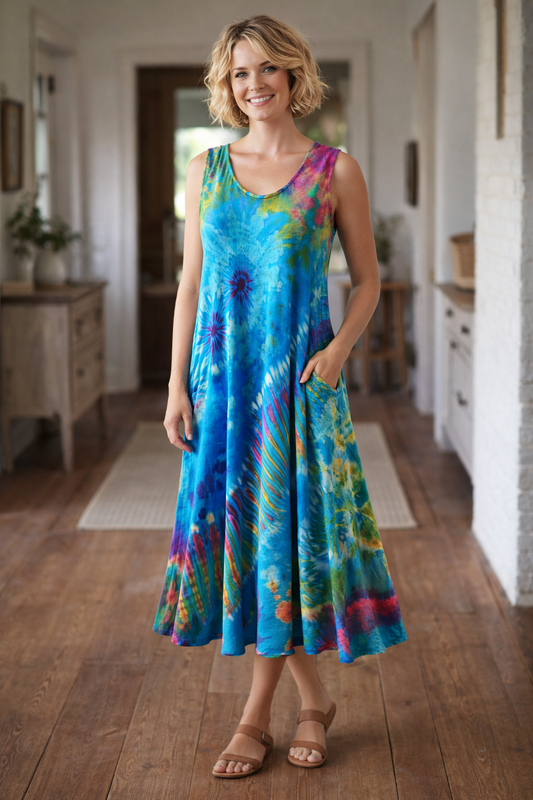 Tie Dye Sleeveless Long Dress w/Pockets - Turquoise