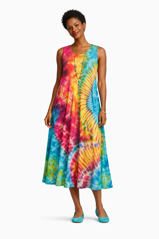 Tie Dye Sleeveless Long Dress w/Pockets - Rainbow