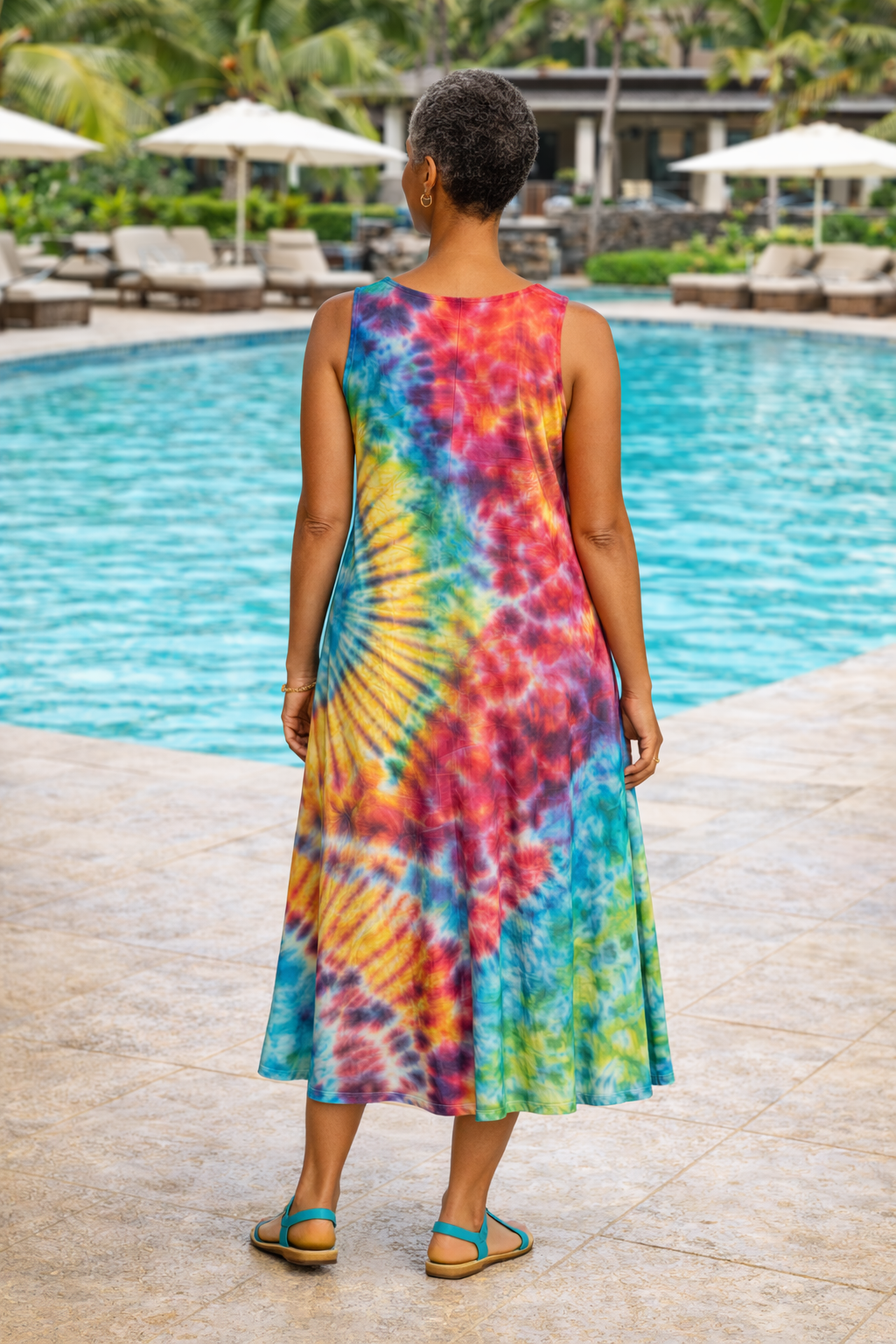 Tie Dye Sleeveless Long Dress w/Pockets - Rainbow