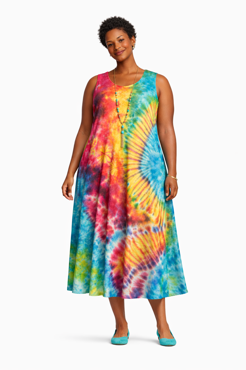 Tie Dye Sleeveless Long Dress w/Pockets - Rainbow