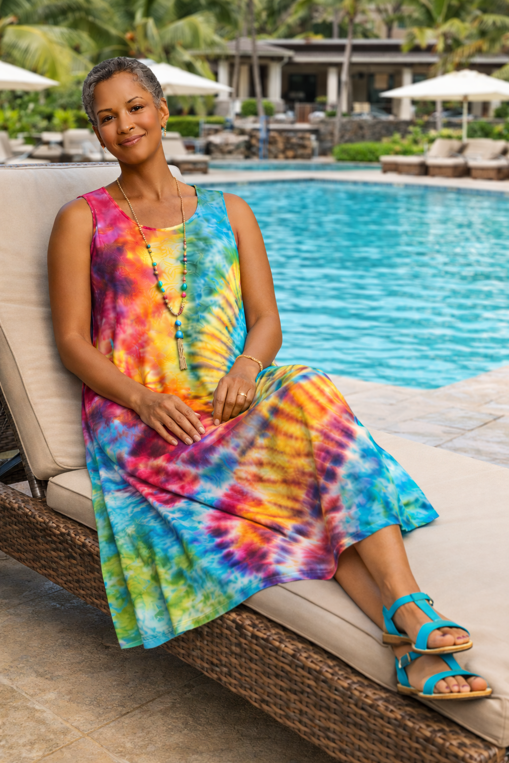 Tie Dye Sleeveless Long Dress w/Pockets - Rainbow