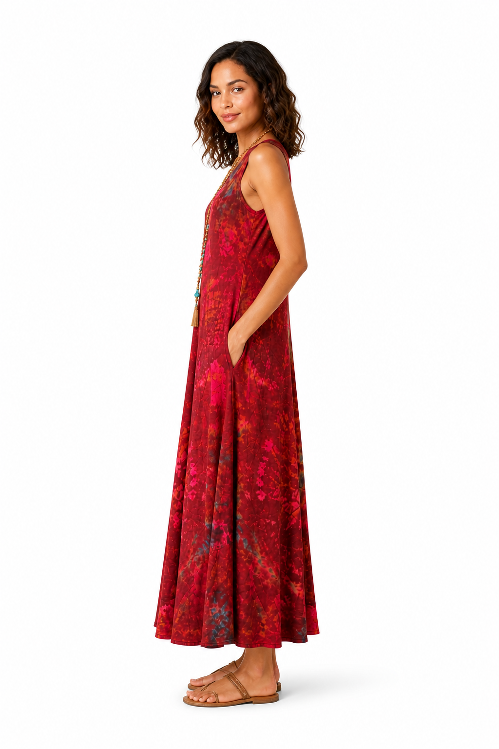 Tie Dye Sleeveless Long Dress w/Pockets - Wine