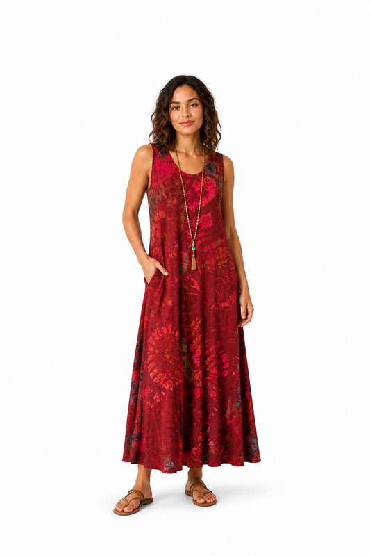Tie Dye Sleeveless Long Dress w/Pockets - Wine