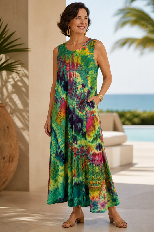 Tie Dye Sleeveless Long Dress w/Pockets - Lime