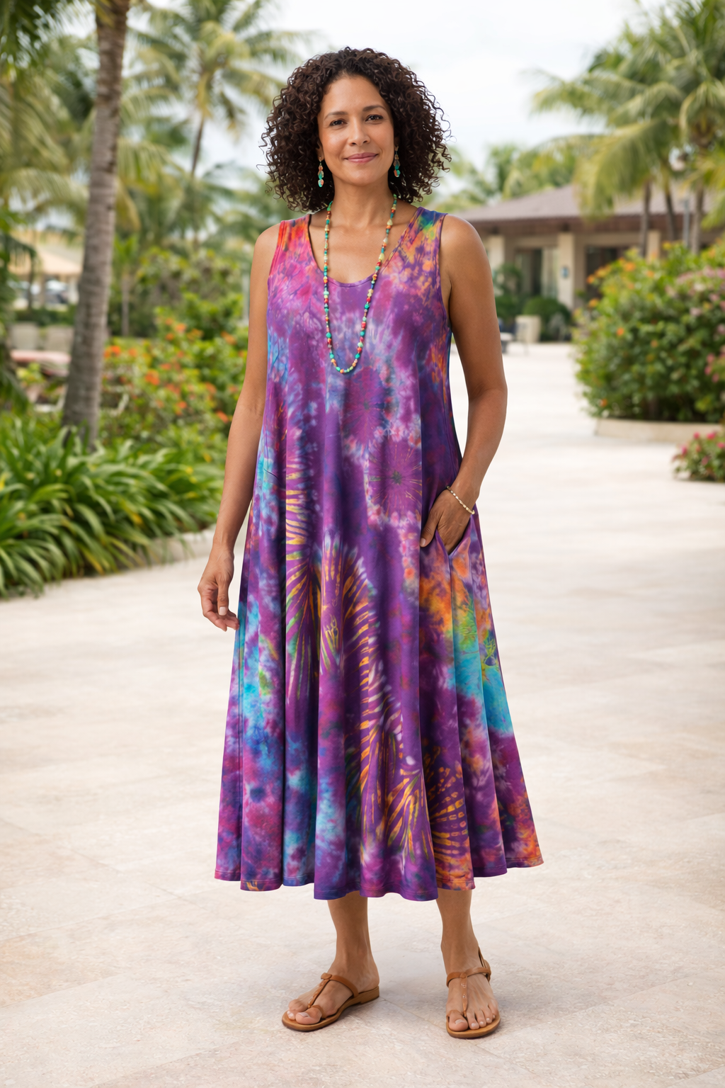 Tie Dye Sleeveless Long Dress w/Pockets - Purple