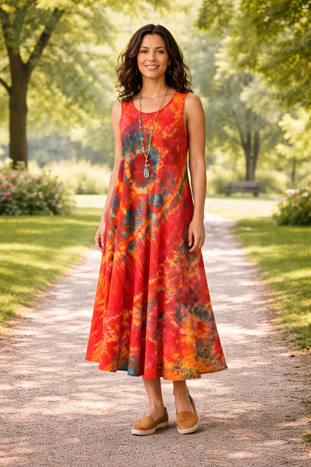 Tie Dye Sleeveless Long Dress w/Pockets - Red