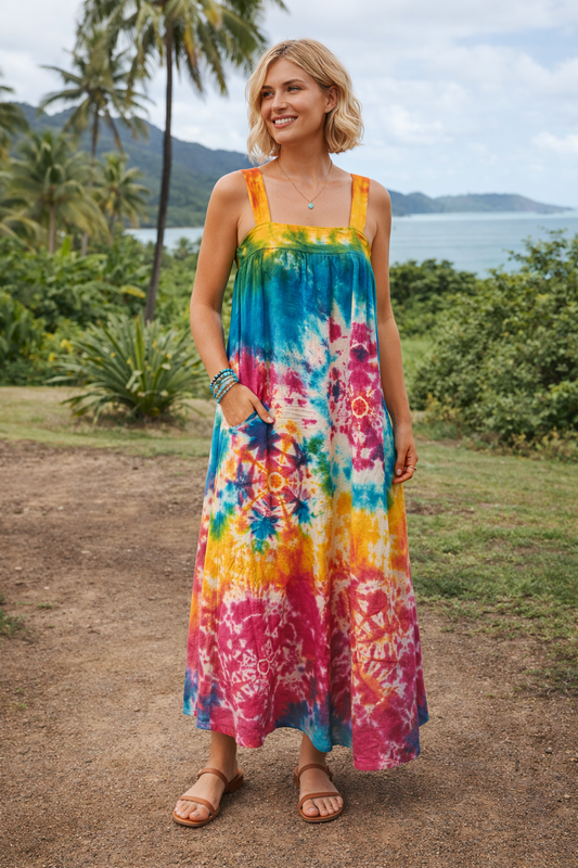 Tie Dye Square Neck Sleeveless Cotton Dress