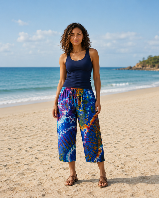 Tie Dye Capri Pants w/Hip Pocket Blue