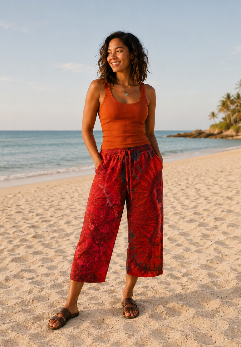 Tie Dye Capri Pants w/Hip Pocket Wine