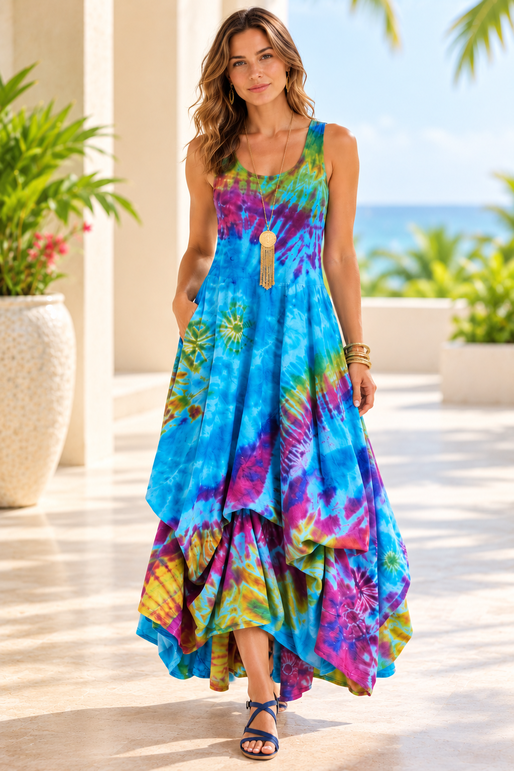 Stretch Top Tie Dye Dress w/Ties